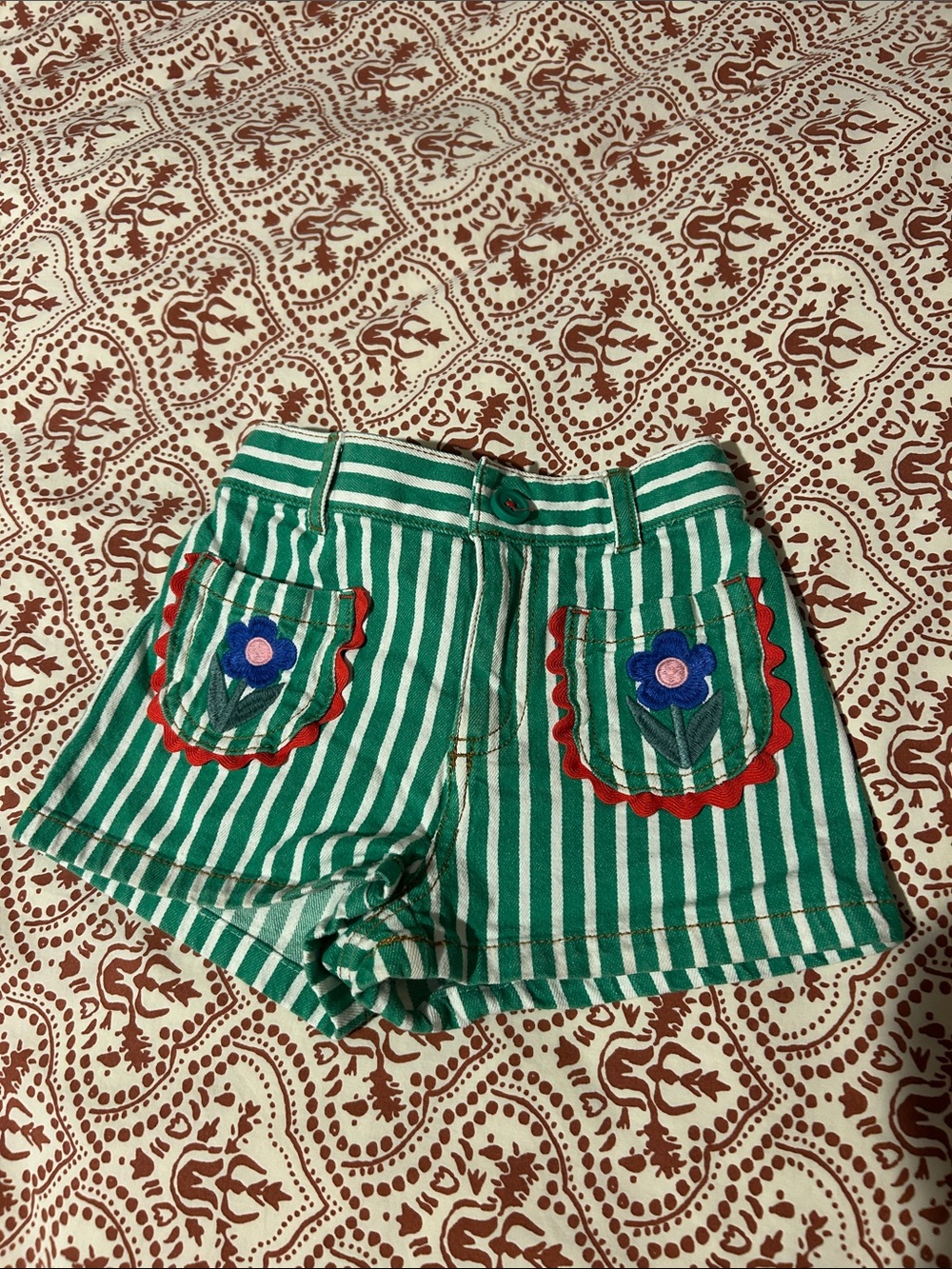 Mini Boden Green and White Striped Embroidered Flower Shorts